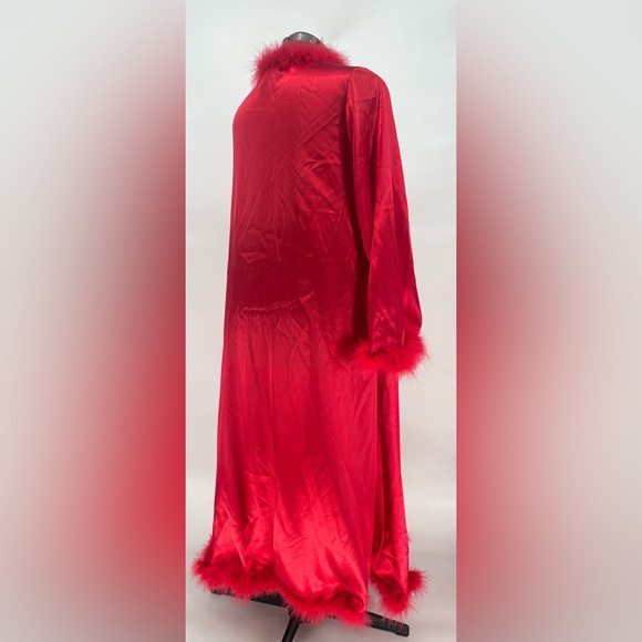 2FOR$30 Midnight Velvet Red Satin Feather Trimmed Full Length Lingerie Robe - Picture 9 of 10